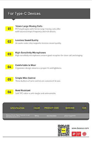 Baseus Headphones In Ear Wired 3.5mm H17 White