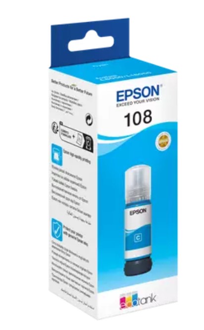 Epson Ink Bottle Cyan 108, 1 X 70.0 Ml, 2, 100 (10x15cm) Photos, For L18050, L8050