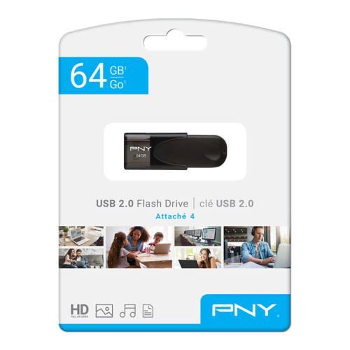 PNY Flash Drive Attache 4 USB 2.0 Stick 64GB Capless Slider Black FD64GATT4